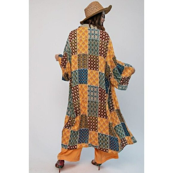 Artful Allure Patchwork Print Gauze Maxi Kimono - Picture 3 of 5